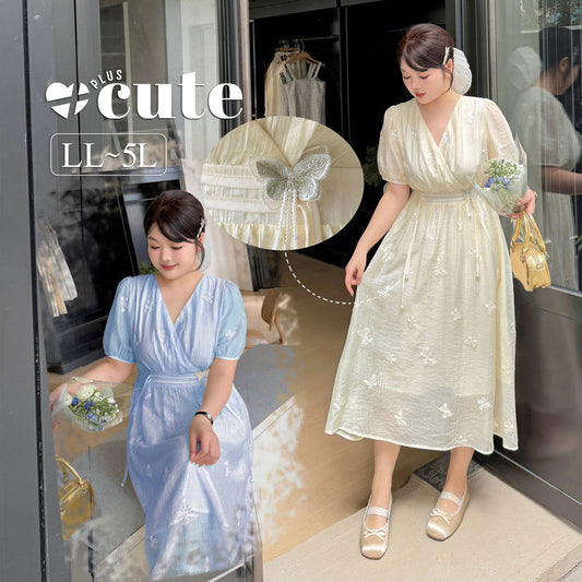 大きいサイズ レディース バタフライスナップボタン付ワンピース LL 3L 4L 5L