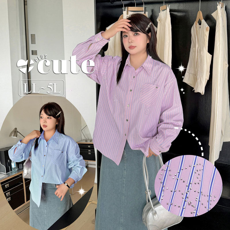 大きいサイズ レディース スタッズ付ストライプシャツ LL 3L 4L 5L
