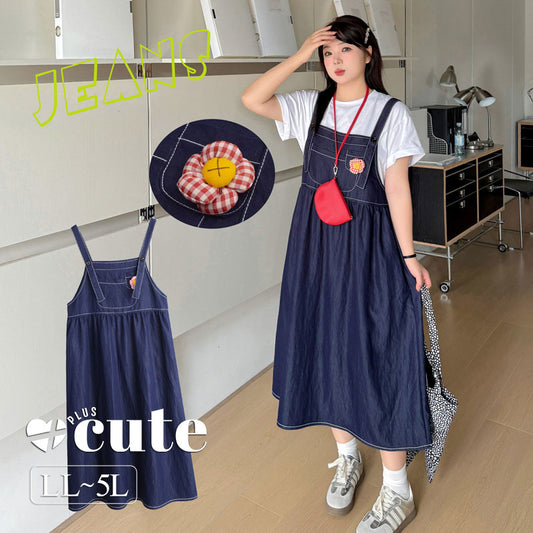 大きいサイズ レディース 花飾り付デニムサロペット LL 3L 4L 5L