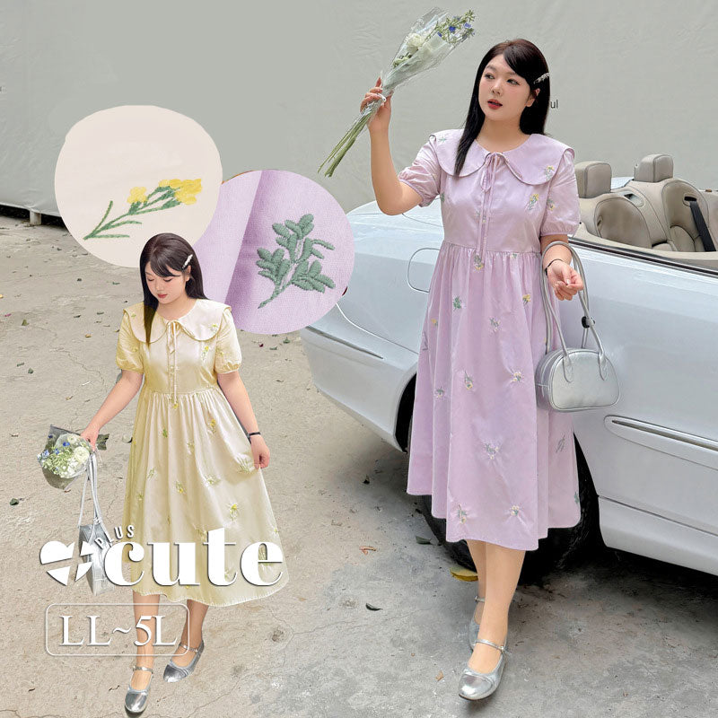 大きいサイズ レディース 小花刺繍レースアップワンピース LL 3L 4L 5L