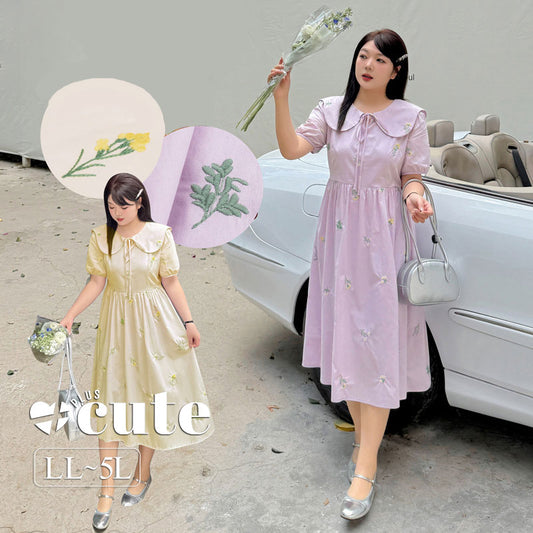 大きいサイズ レディース 小花刺繍レースアップワンピース LL 3L 4L 5L