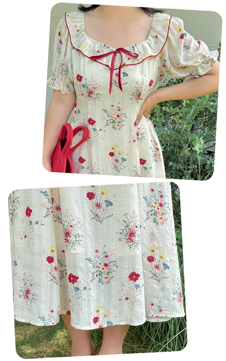 大きいサイズ レディース リボンフリル花柄プリントバブルスリーブワンピース LL 3L 4L 5L