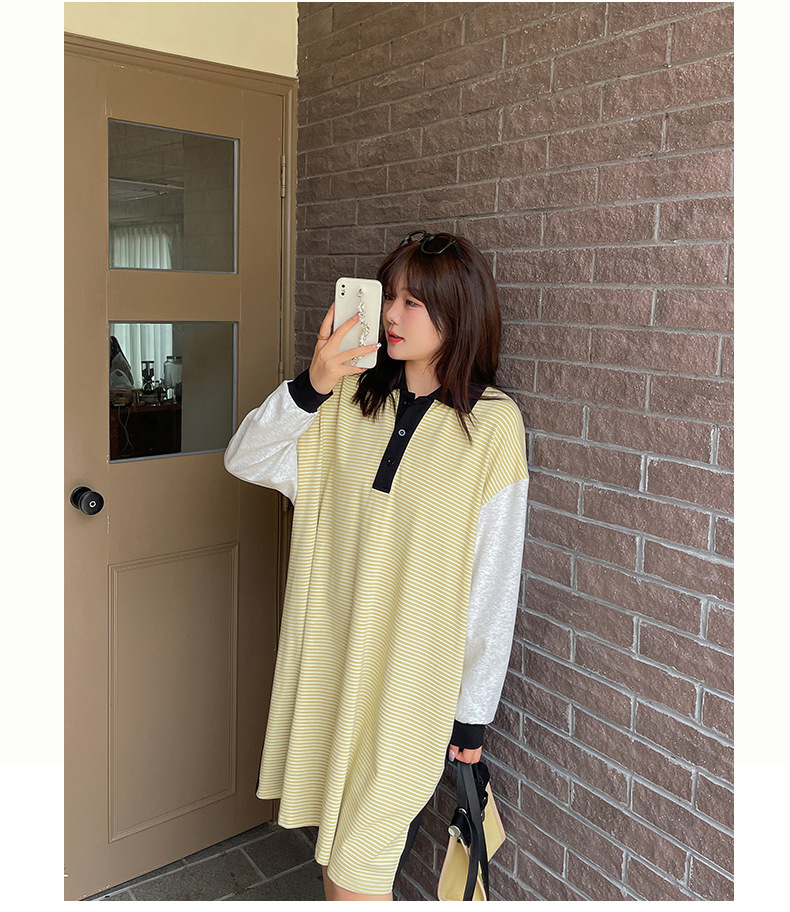 大きいサイズ レディース ラペル付きロングストライプTシャツワンピース LL 3L 4L 5L