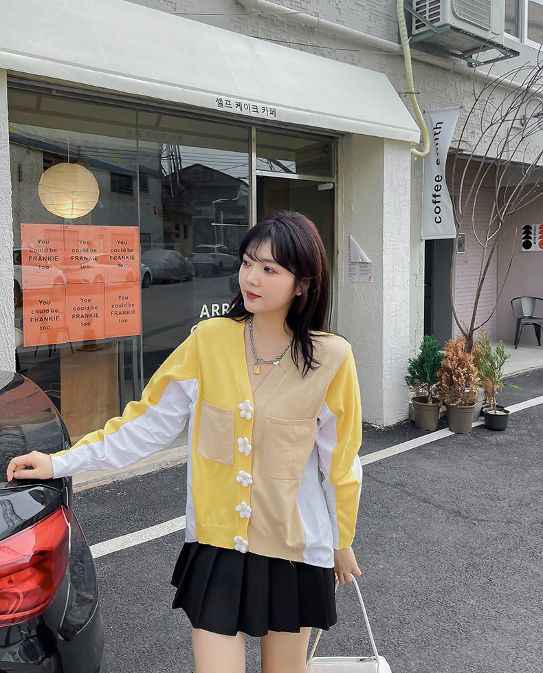 大きいサイズ レディース Vネックフラワーボタンカラーブロックカーディガン LL 3L 4L 5L