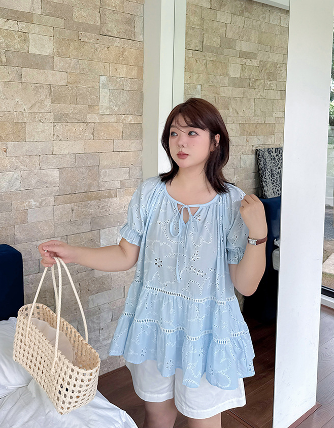 大きいサイズ レディース リボンラウンドネック中空刺繍花柄プリントブラウス LL 3L 4L 5L