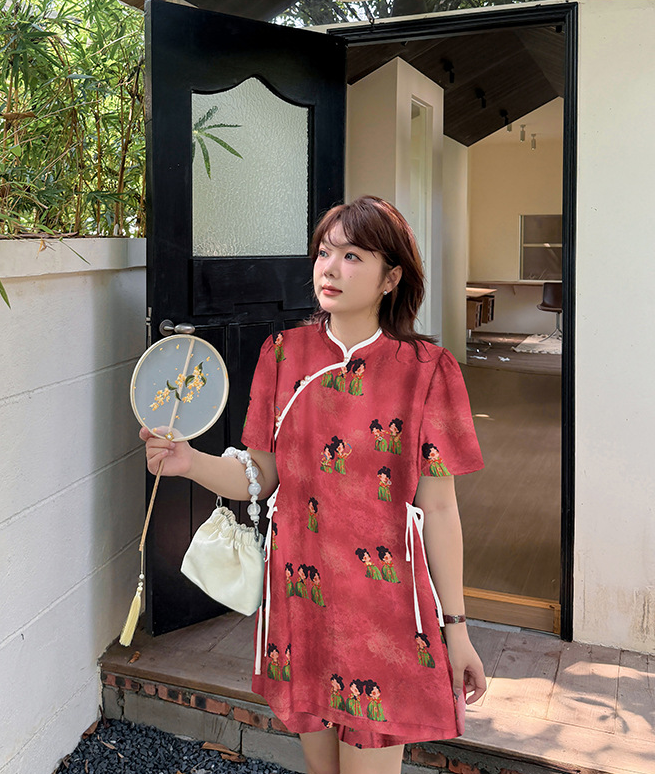 大きいサイズ レディース リボンビーズチャイナ風プリントセットアップ(トップス&ショートパンツ) LL 3L 4L 5L