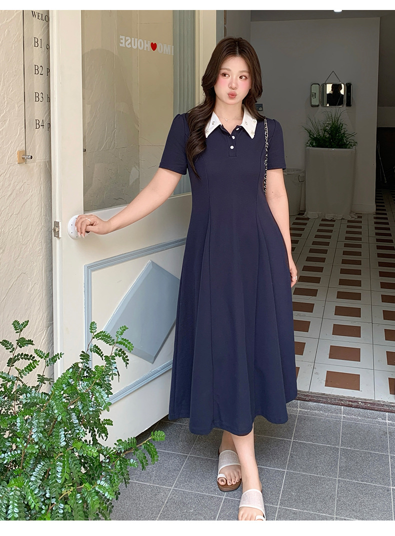 大きいサイズ レディース ビジュー襟ポロデザインフレアワンピース LL 3L 4L 5L 6L