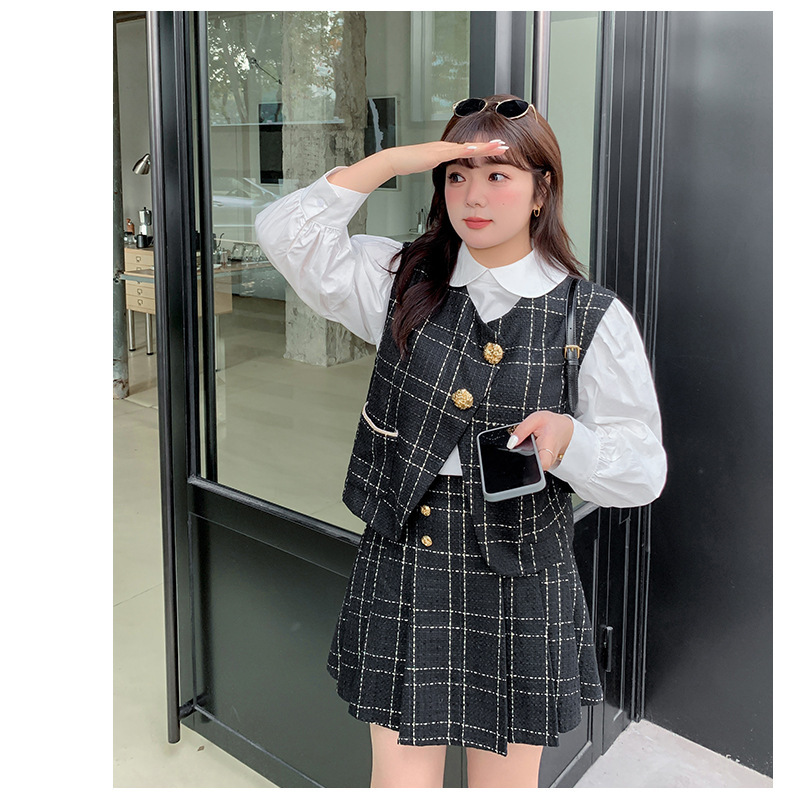 大きいサイズ レディース ツイード柄ツーピース(ショートベスト+プリーツスカート) LL 3L 4L 5L