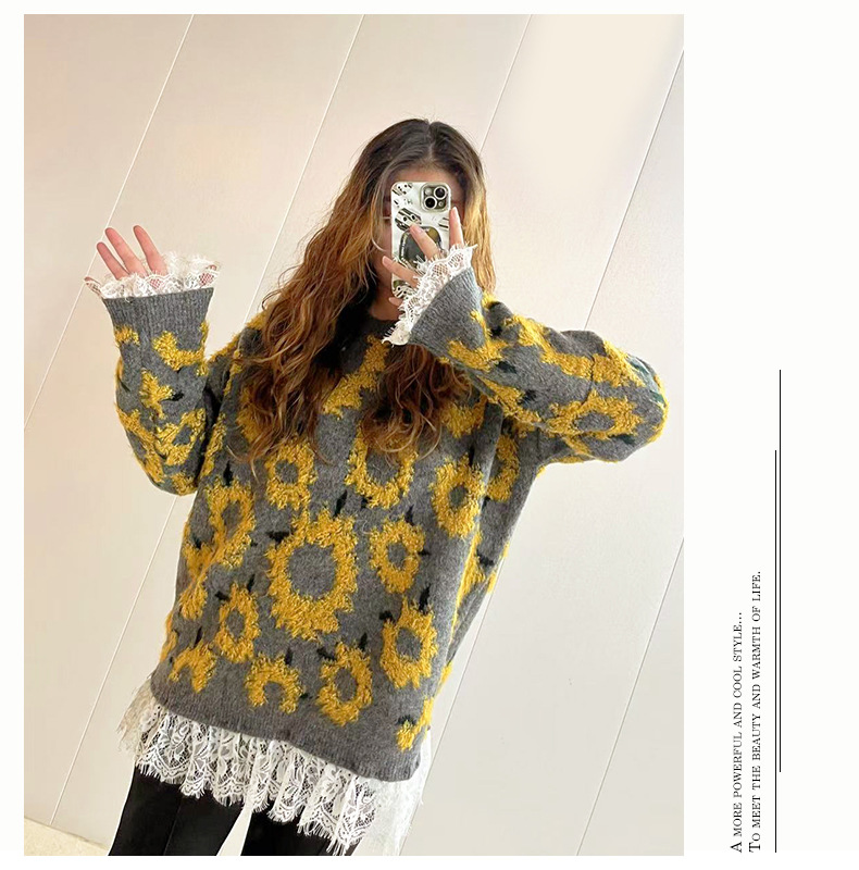 大きいサイズ レディース ひまわり柄カジュアルルーズセーター(レース付き) LL 3L 4L