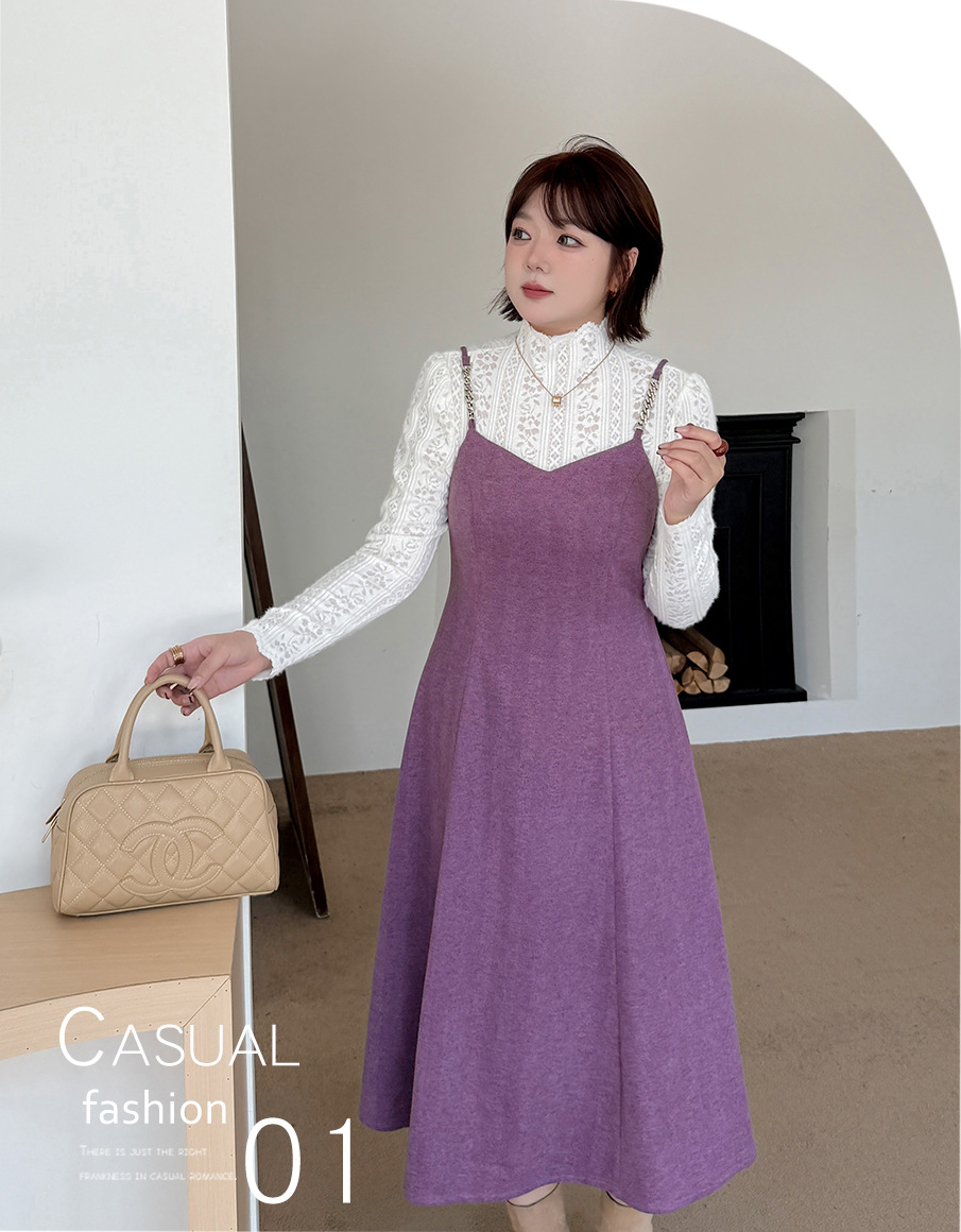 大きいサイズ レディース ツーピースセット(レーストップス+スリップワンピース) LL 3L 4L 5L