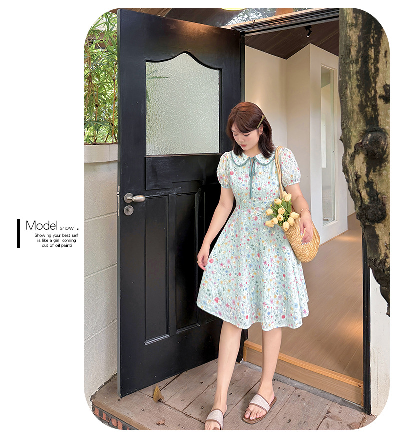 大きいサイズ レディース ドールカラーリボン小花柄プリント刺繍ミニワンピース LL 3L 4L 5L