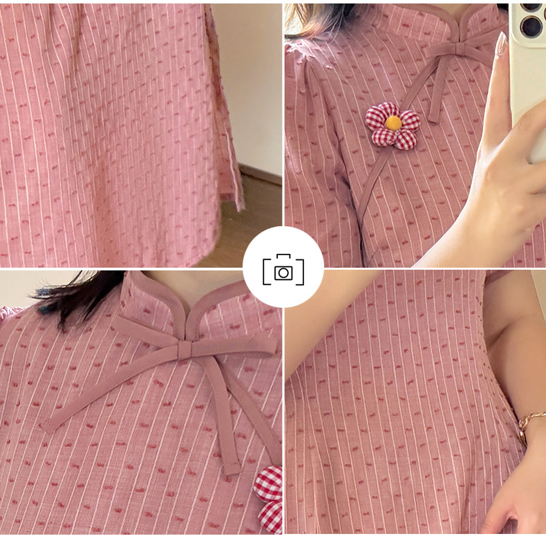 大きいサイズ レディース 花飾り付きリボンチャイナ風レトロジャガードドットワンピース LL 3L 4L 5L