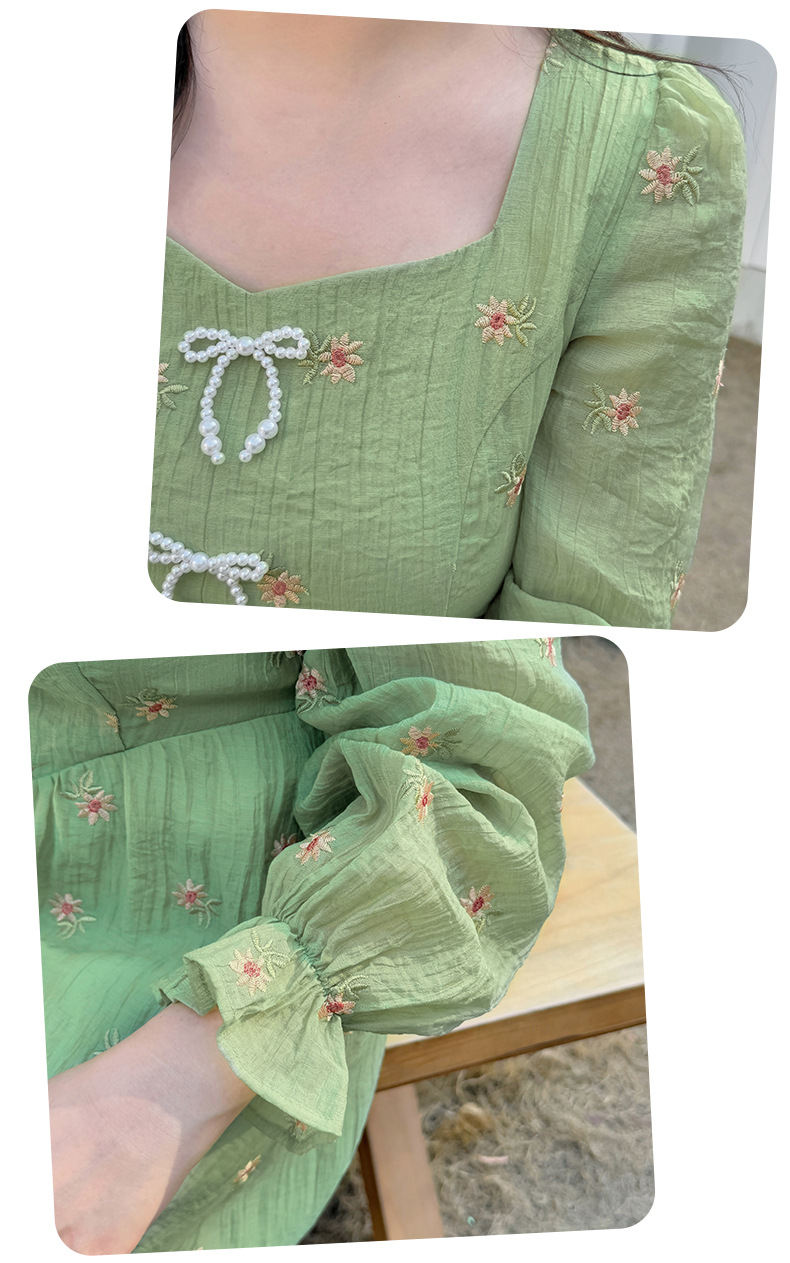 大きいサイズ レディース ビーズリボン付きスクエアネック花柄刺繍ワンピース LL 3L 4L 5L