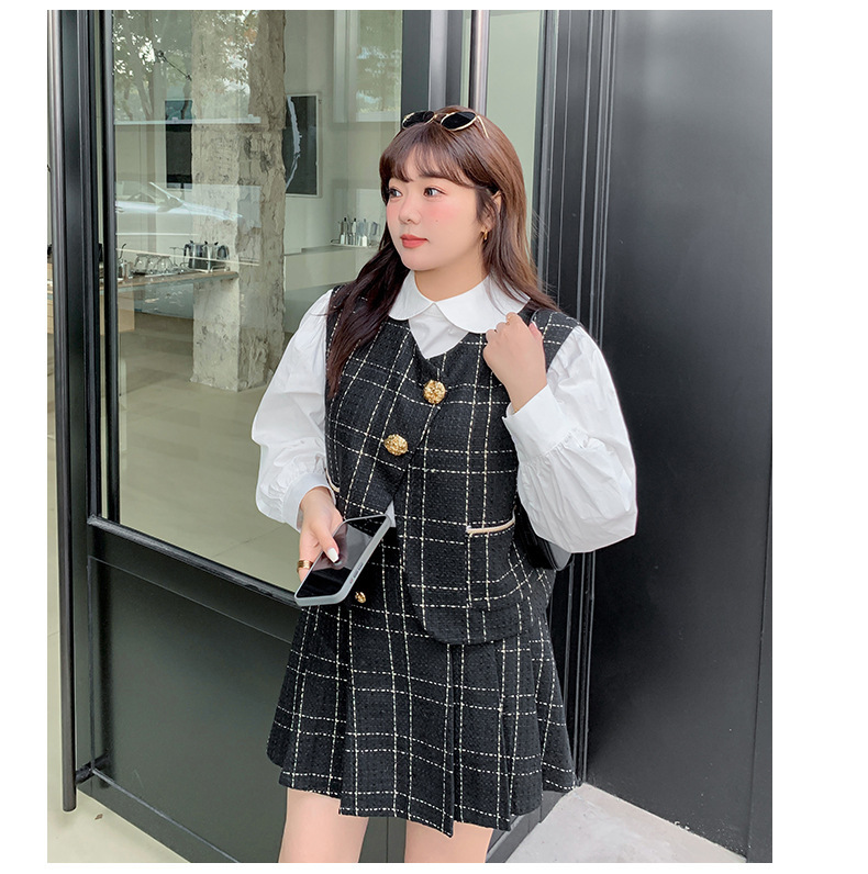 大きいサイズ レディース ツイード柄ツーピース(ショートベスト+プリーツスカート) LL 3L 4L 5L