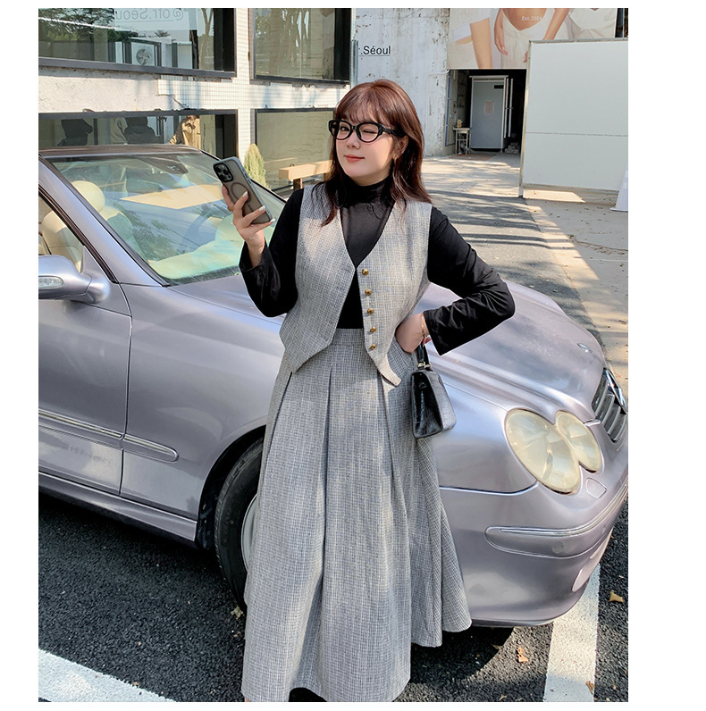 大きいサイズ レディース ショート丈ベスト+プリーツロングスカート2点セット LL 3L 4L 5L