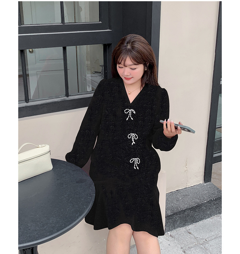 大きいサイズ レディース ビーズリボン付きVネックニットワンピース LL 3L 4L 5L