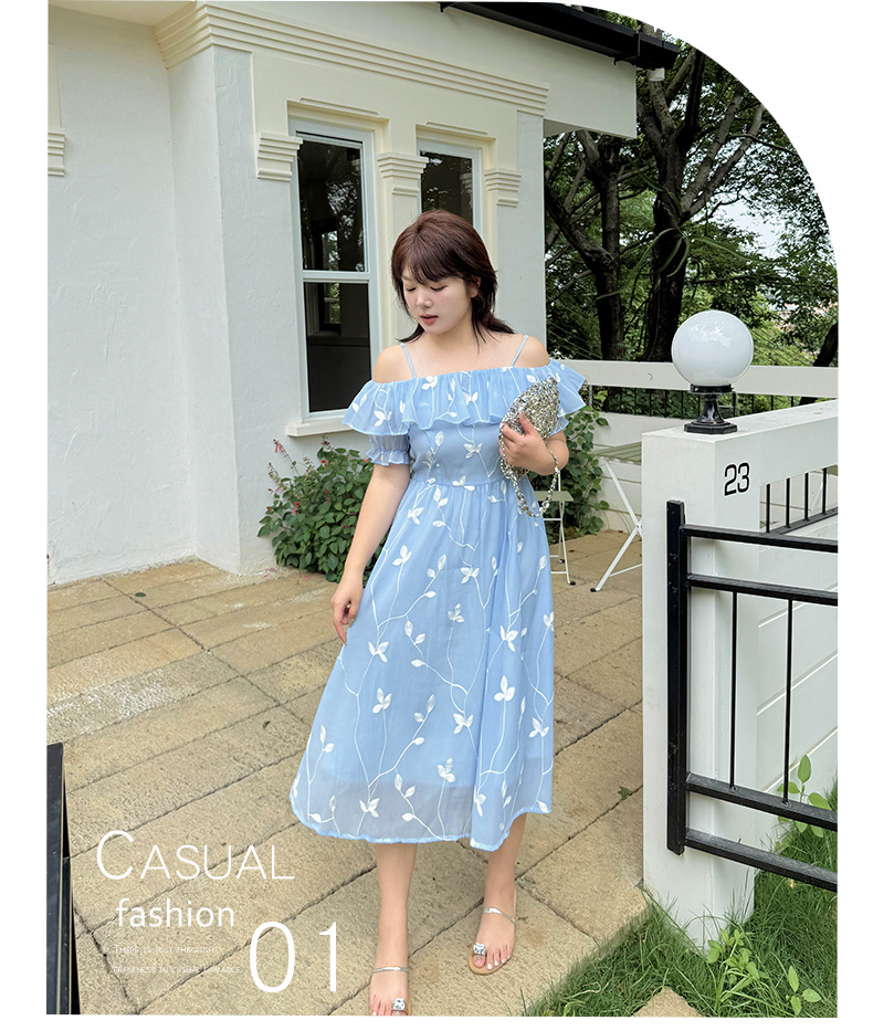 大きいサイズ レディース フリルオフショルダー刺繍ワンピース LL 3L 4L 5L