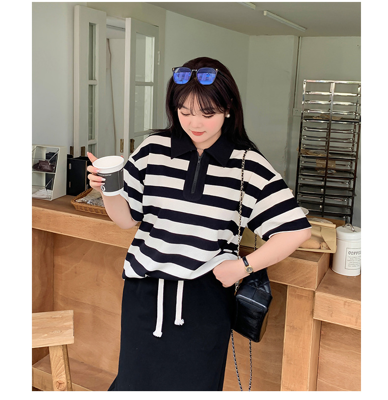 大きいサイズ レディース カレッジスタイルストライプポロカラー半袖シャツ LL 3L 4L 5L