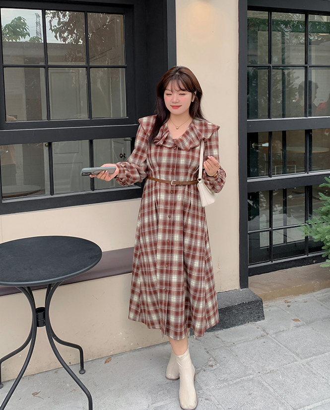 大きいサイズ レディース ラペルチェック柄ボタンダウンベルト付きワンピース LL 3L 4L 5L