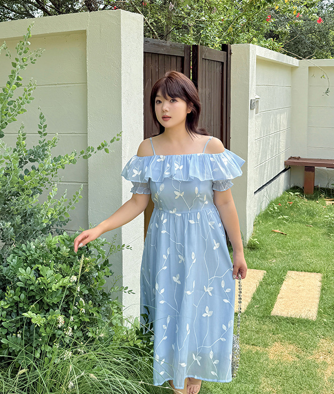 大きいサイズ レディース フリルオフショルダー刺繍ワンピース LL 3L 4L 5L