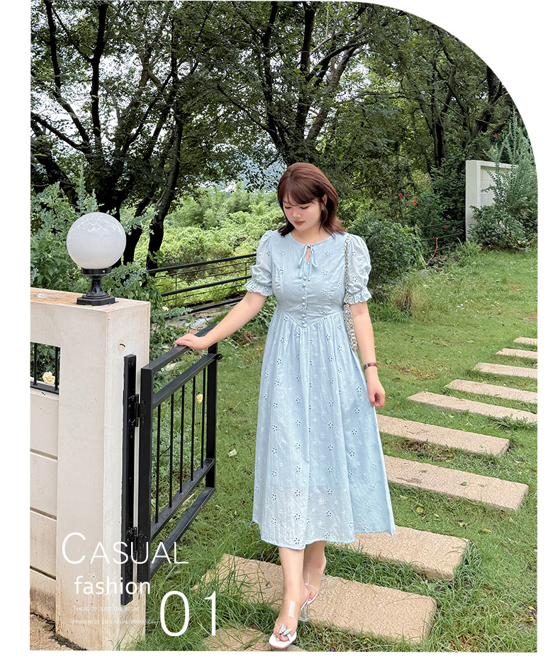 大きいサイズ レディース リボン花柄中空刺繍コットンフレンチワンピース LL 3L 4L 5L