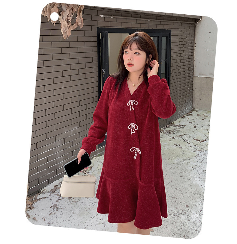 大きいサイズ レディース ビーズリボン付きVネックニットワンピース LL 3L 4L 5L