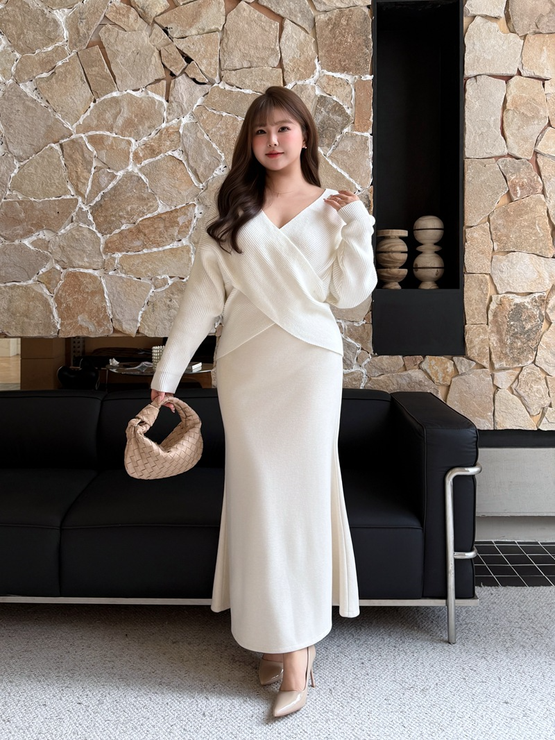 大きいサイズ レディース クロスオーバーVネックエレガントスリーピース(セーター+スカート+ショール) L LL 3L 4L F フリーサイズ