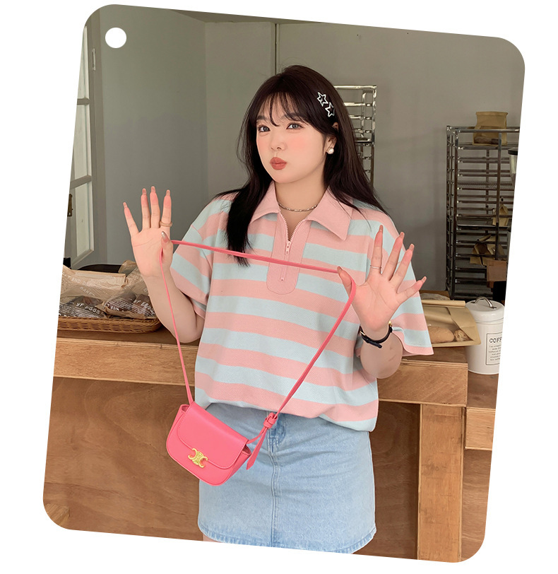 大きいサイズ レディース カレッジスタイルストライプポロカラー半袖シャツ LL 3L 4L 5L