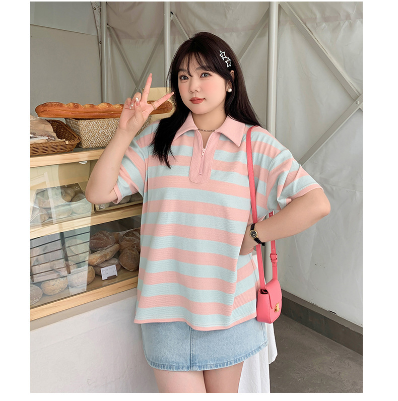 大きいサイズ レディース カレッジスタイルストライプポロカラー半袖シャツ LL 3L 4L 5L