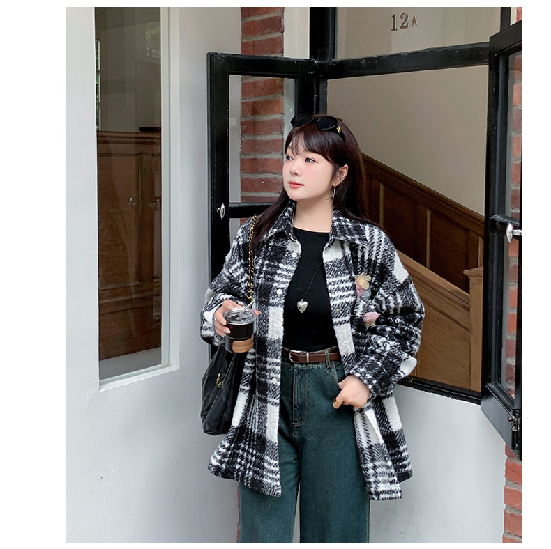 大きいサイズ レディース シルクフラワー付き厚手チェック柄シャツジャケット LL 3L 4L