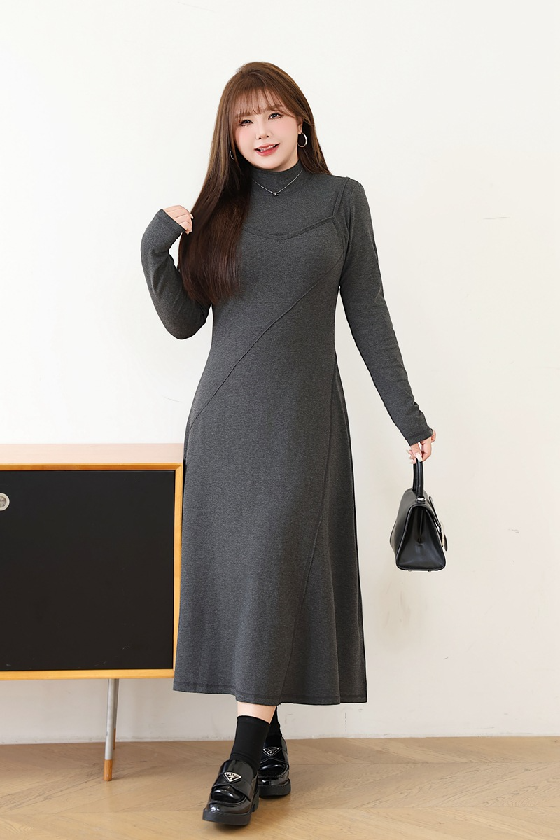 大きいサイズ レディース セミハイネックニットフェイクツーピースワンピース LL 3L 4L 5L