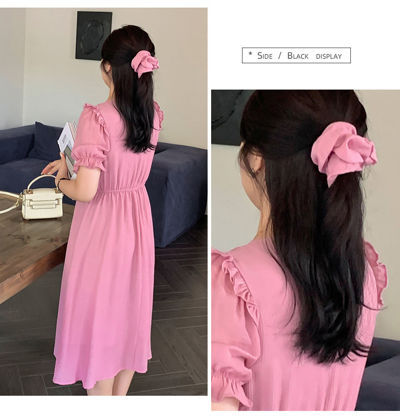 大きいサイズ レディース Vネック前ボタンフリルワンピース+ヘアゴム2点セット LL 3L 4L 5L
