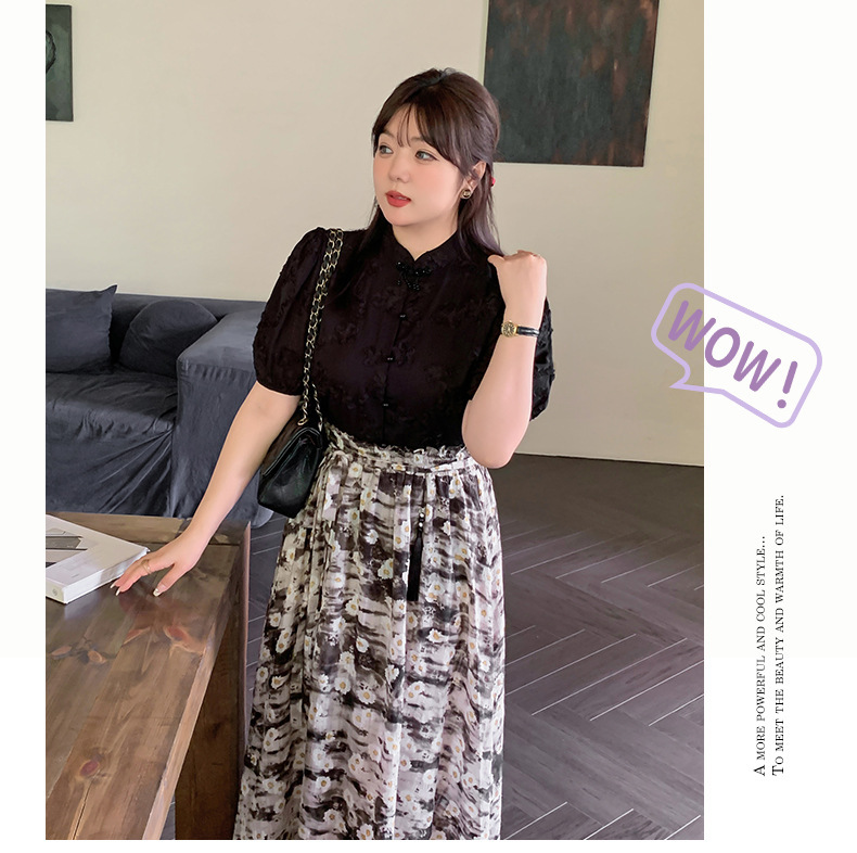 大きいサイズ レディース レトロチャイナ風ジャガードシフォン半袖シャツ LL 3L 4L 5L