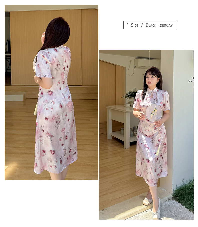 大きいサイズ レディース チャイナ風レトロ花柄プリントワンピース LL 3L 4L 5L