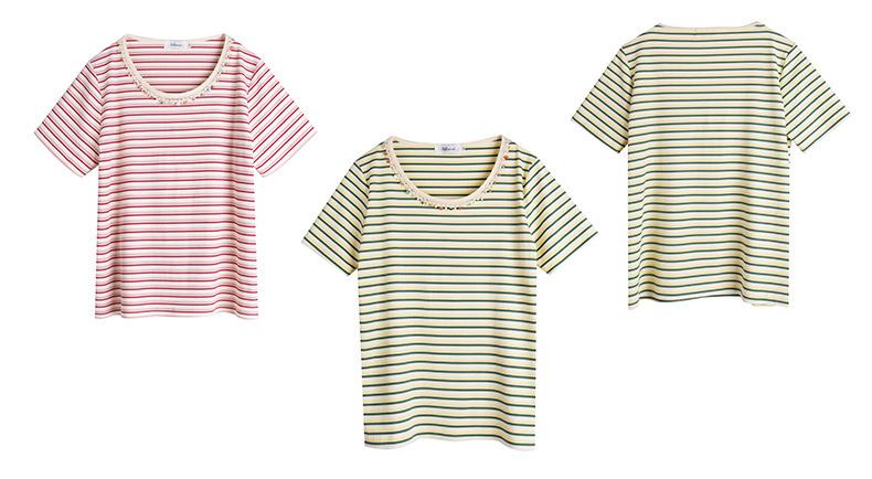 大きいサイズ レディース クルーネックストーン飾りストライプ半袖Tシャツ LL 3L 4L 5L