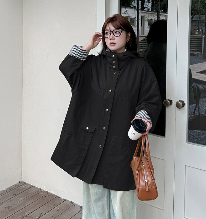 大きいサイズ レディース フード付き裏地チェック柄オーバーサイズカジュアルジャケット 3L 5L