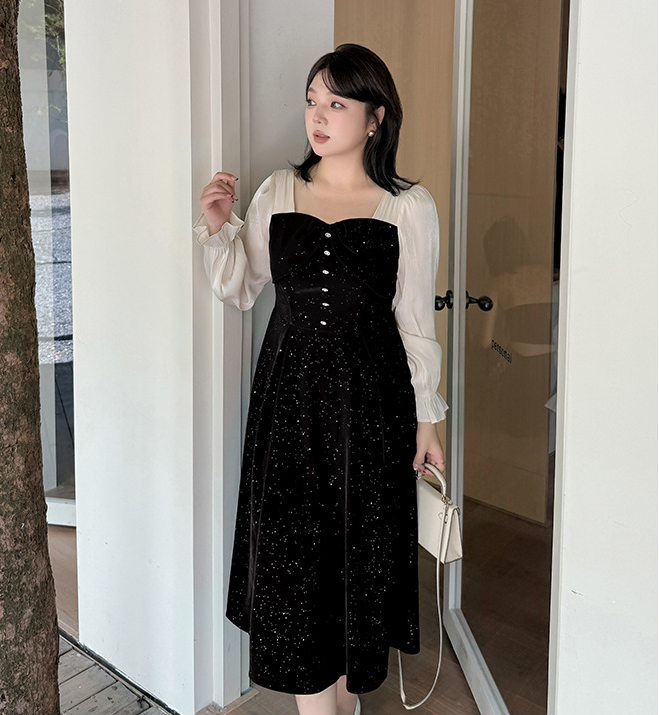 大きいサイズ レディース リボンスパンコールベルベットパッチワークワンピース LL 3L 4L 5L
