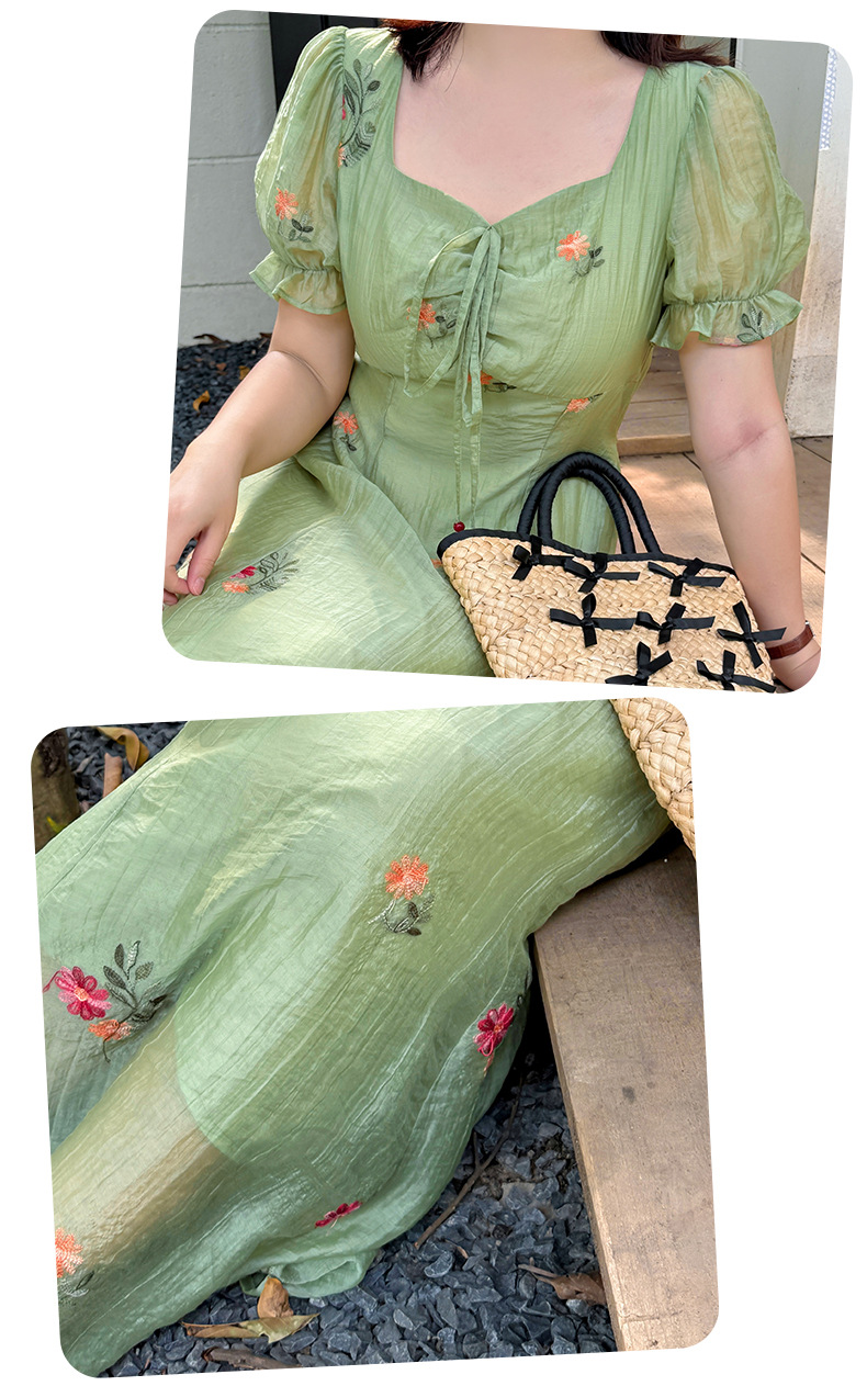 大きいサイズ レディース リボンスクエアネック花柄刺繍ワンピース LL 3L 4L 5L