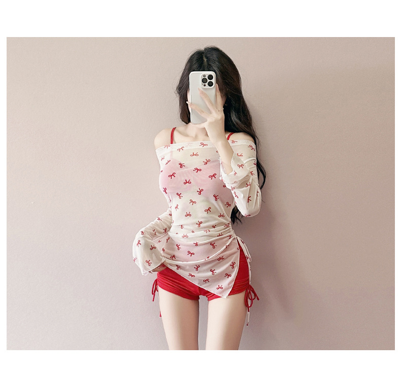 大きいサイズ レディース リボン柄シアートップス付きハイウエストセット水着 LL 3L 4L