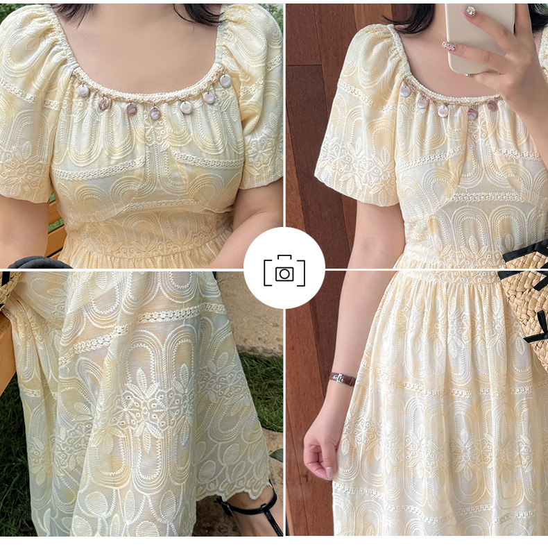 大きいサイズ レディース 貝殻型飾り付きスクエアネック花柄刺繍レースワンピース LL 3L 4L 5L