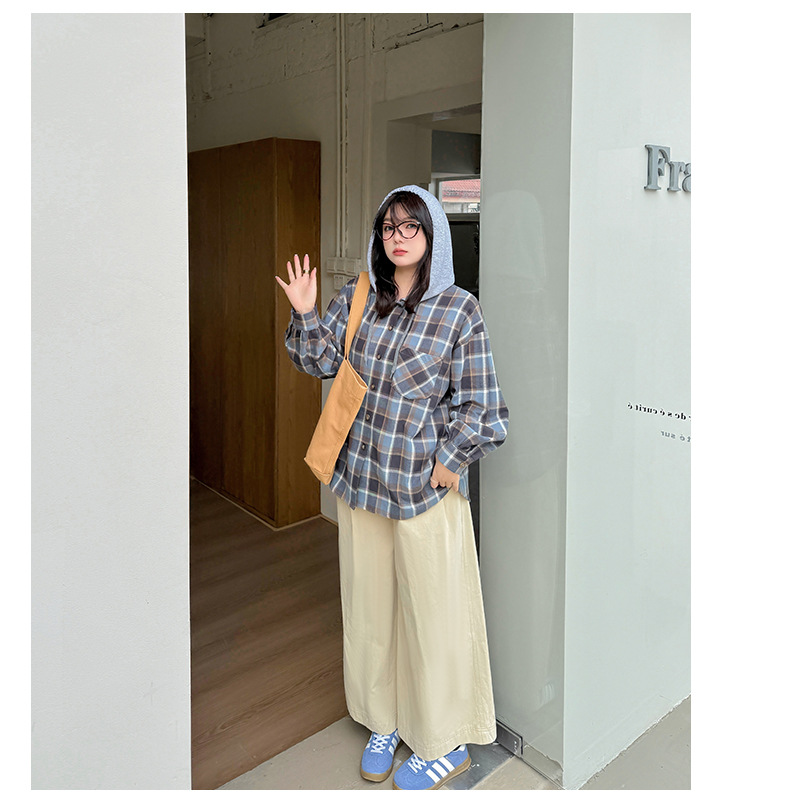 大きいサイズ レディース フード付きフェイクツーピースカジュアルチェックシャツ LL 3L 4L 5L