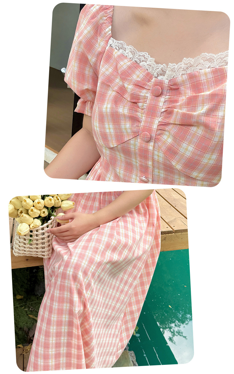 大きいサイズ レディース スクエアネックレースチェック柄フレンチワンピース LL 3L 4L 5L