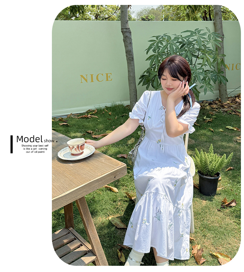大きいサイズ レディース 草花刺繍入りリボンコットンティアードワンピース LL 3L 4L 5L
