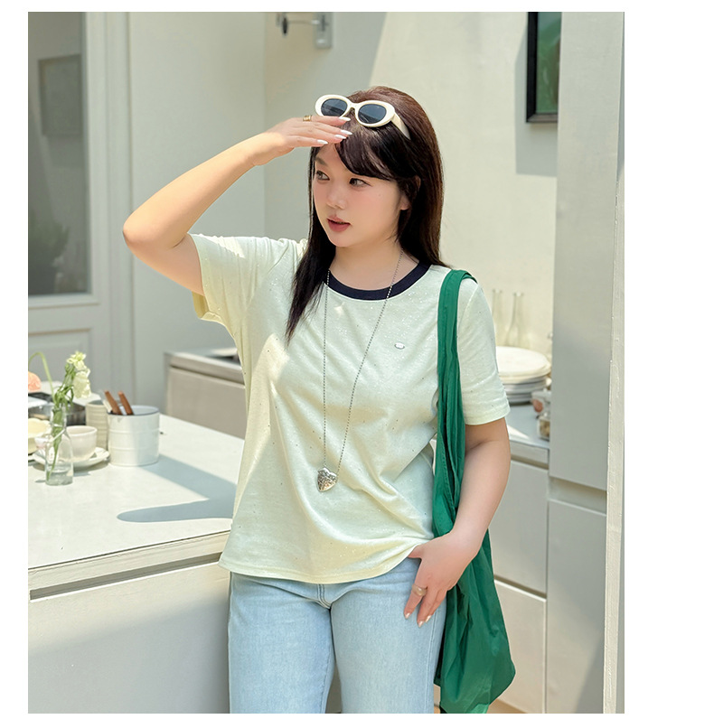 大きいサイズ レディース ラウンドネックシルバーフレーク半袖Tシャツ LL 3L 4L 5L