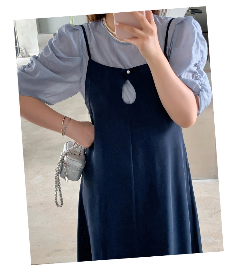 大きいサイズ レディース プリーツパフスリーブブラウス+サスペンダーワンピース LL 3L 4L 5L