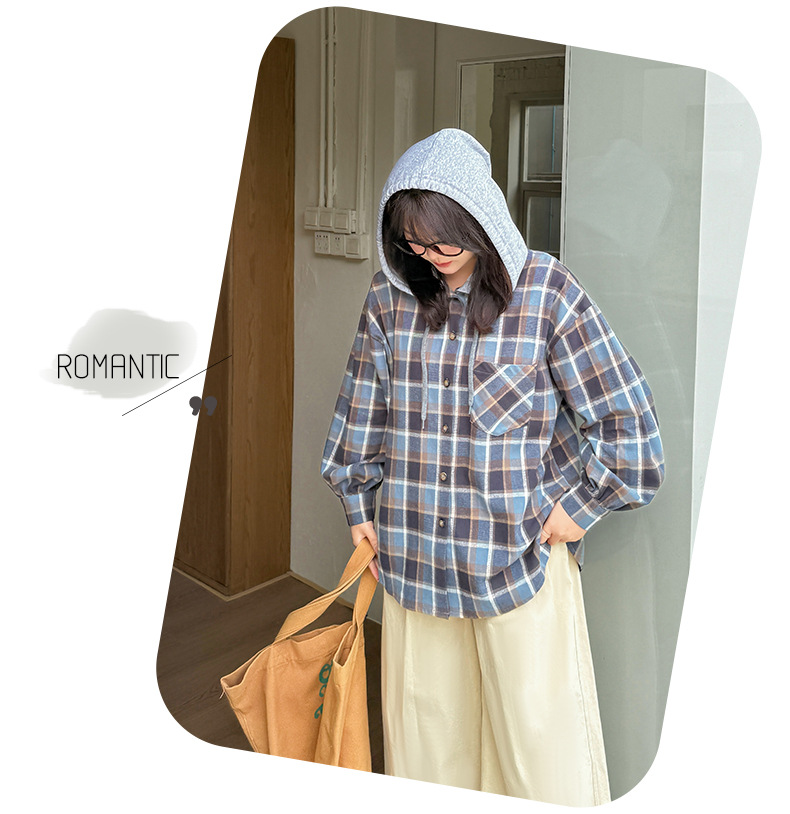 大きいサイズ レディース フード付きフェイクツーピースカジュアルチェックシャツ LL 3L 4L 5L