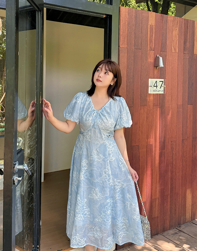 大きいサイズ レディース リボン透かし彫りバタフライ刺繍プリントワンピース LL 3L 4L 5L