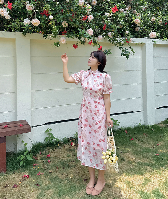 大きいサイズ レディース チャイナ風フラワープリントスリットワンピース LL 3L 4L 5L