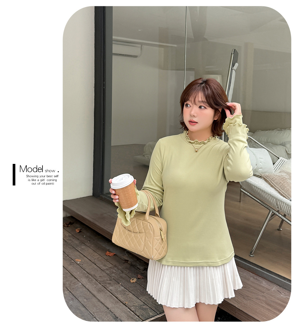 大きいサイズ レディース フリルネックスリムフィット長袖トップス LL 3L 4L 5L