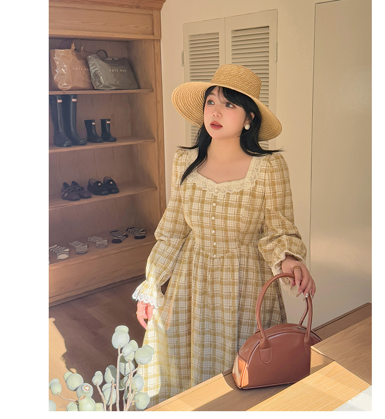 大きいサイズ レディース レーススクエアネックチェック柄フレンチワンピース LL 3L 4L 5L